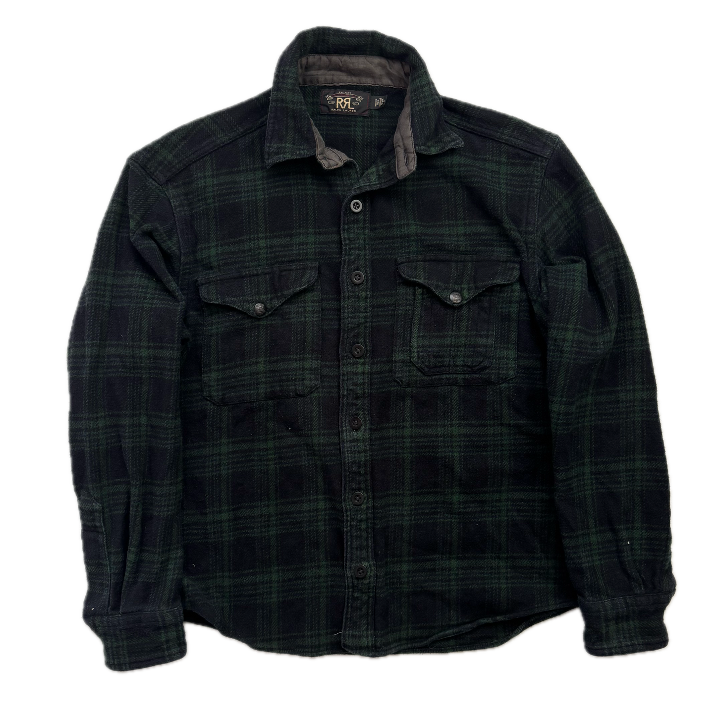 RRL Green Black Plaid Brushed Plaid Work Shirt (Cotton Linen) - M (S)
