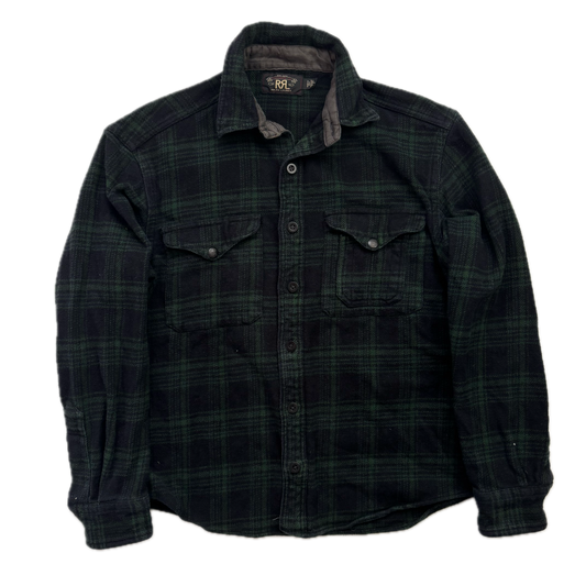 RRL Green Black Plaid Brushed Plaid Work Shirt (Cotton Linen) - M (S)