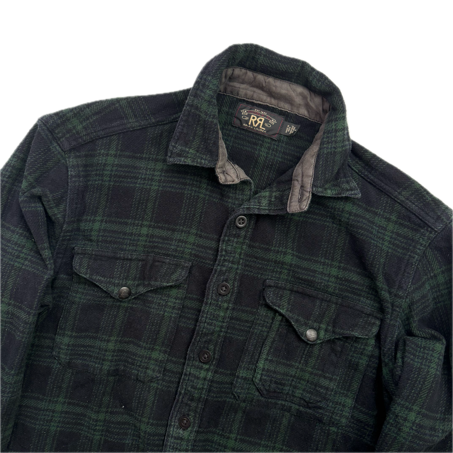 RRL Green Black Plaid Brushed Plaid Work Shirt (Cotton Linen) - M (S)