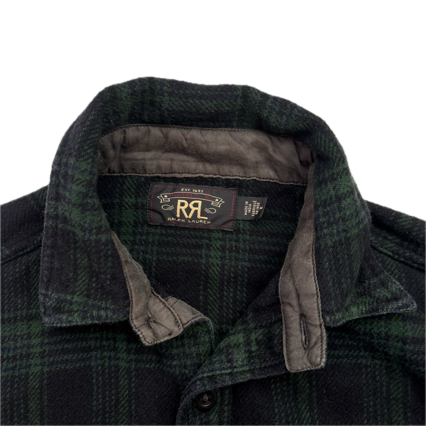 RRL Green Black Plaid Brushed Plaid Work Shirt (Cotton Linen) - M (S)