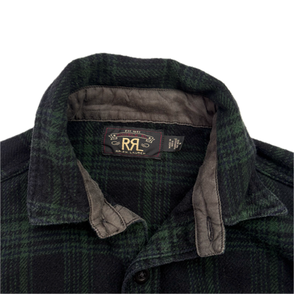 RRL Green Black Plaid Brushed Plaid Work Shirt (Cotton Linen) - M (S)