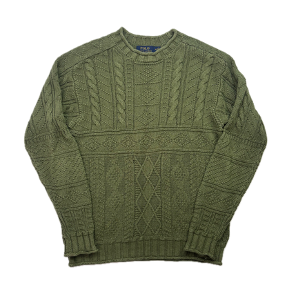 Polo Ralph Lauren Green Fisherman Aran Knit Cable Jumper - M