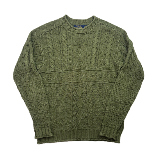 Polo Ralph Lauren Green Fisherman Aran Knit Cable Jumper - M