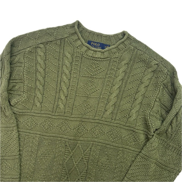 Polo Ralph Lauren Green Fisherman Aran Knit Cable Jumper - M