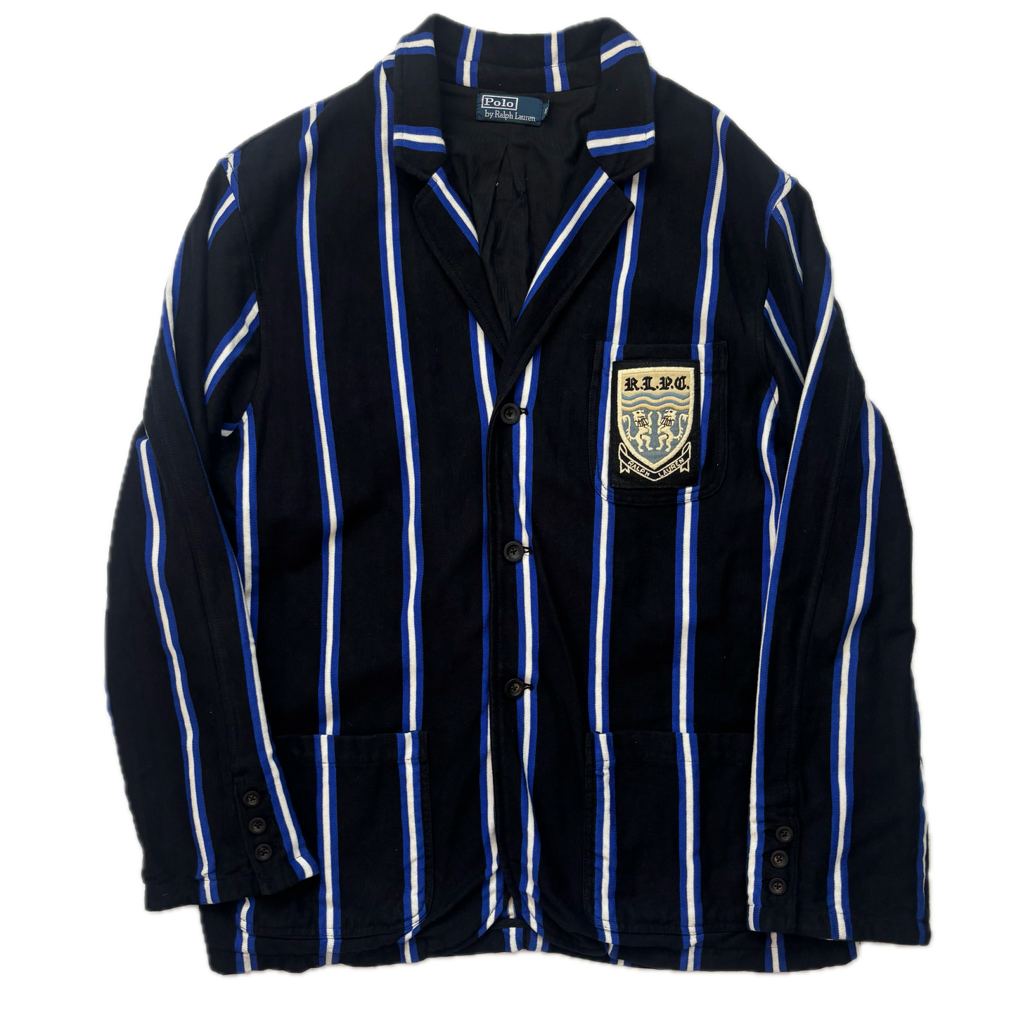 Polo Ralph Lauren Black Blue White Striped Crest Rowing Sports Jacket Blazer - XL
