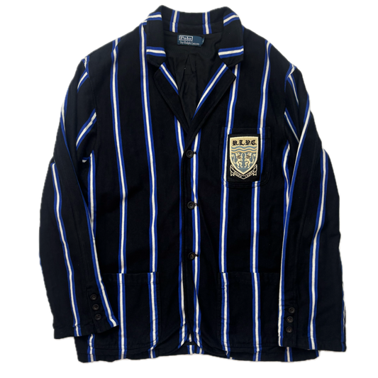 Polo Ralph Lauren Black Blue White Striped Crest Rowing Sports Jacket Blazer - XL