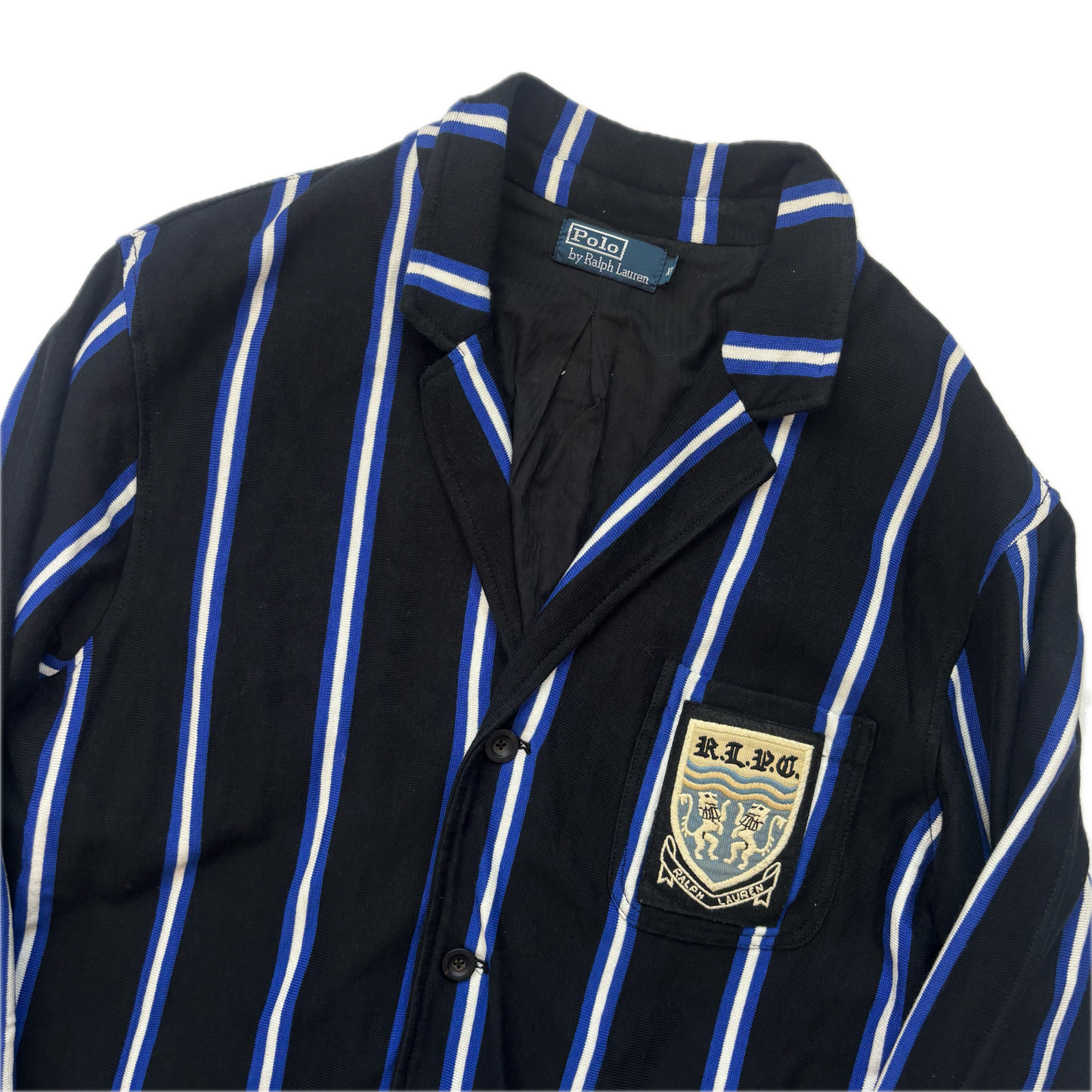 Polo Ralph Lauren Black Blue White Striped Crest Rowing Sports Jacket Blazer - XL
