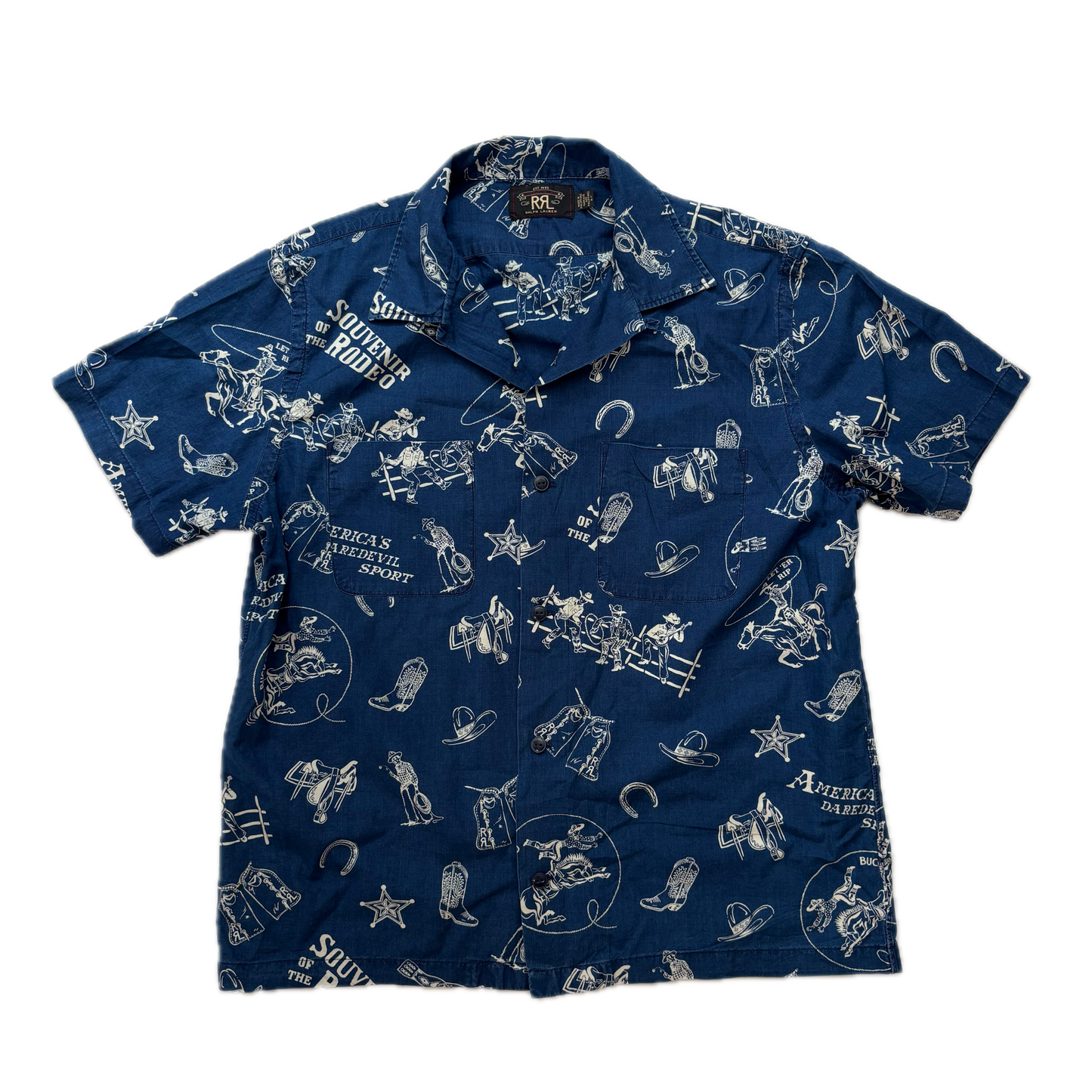 RRL Rodeo Graphic Print Cowboy Blue Souvenir Short Sleeve Shirt (Cotton) - L