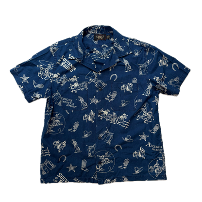 RRL Rodeo Graphic Print Cowboy Blue Souvenir Short Sleeve Shirt (Cotton) - L