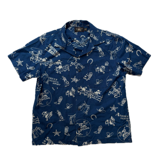 RRL Rodeo Graphic Print Cowboy Blue Souvenir Short Sleeve Shirt (Cotton) - L