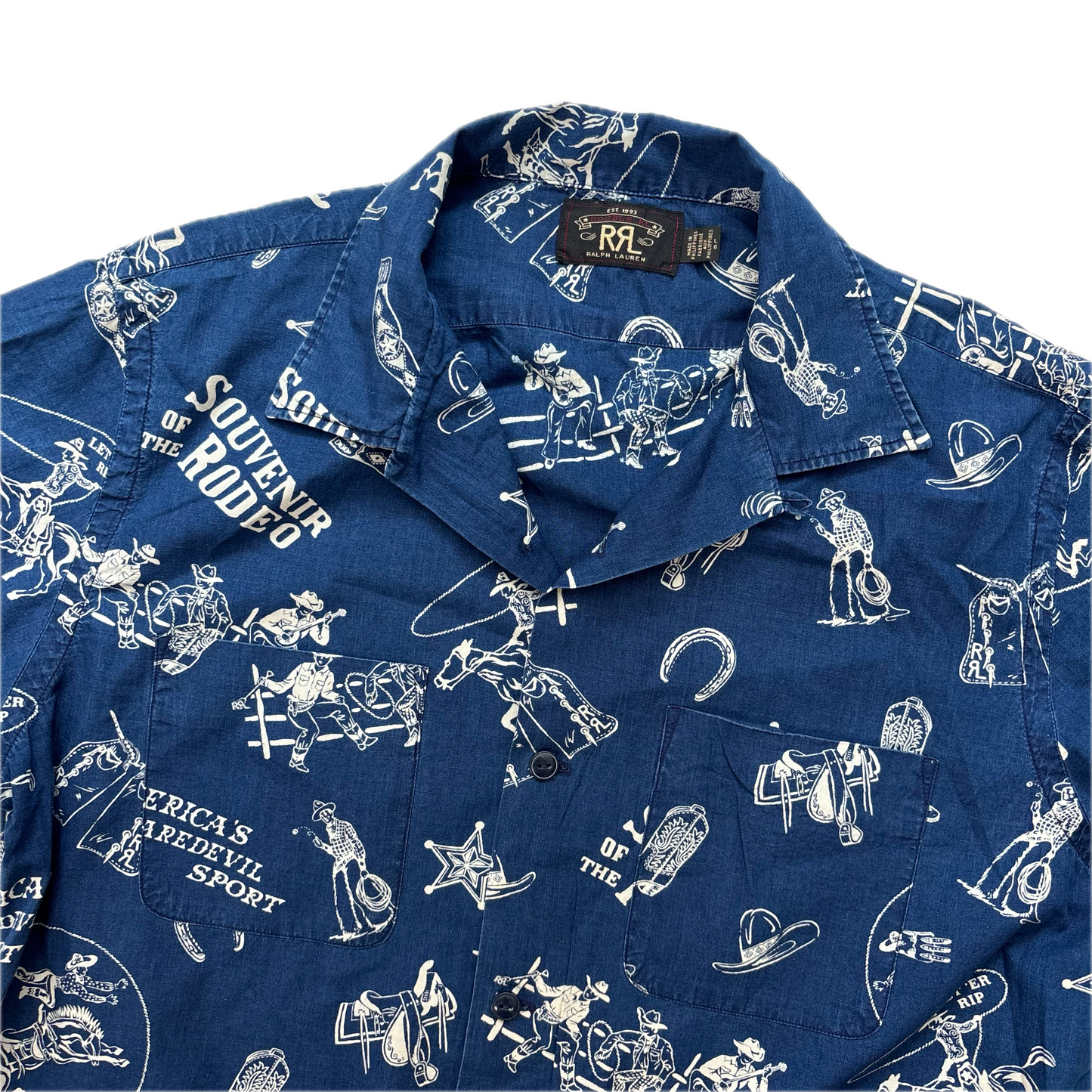 RRL Rodeo Graphic Print Cowboy Blue Souvenir Short Sleeve Shirt (Cotton) - L