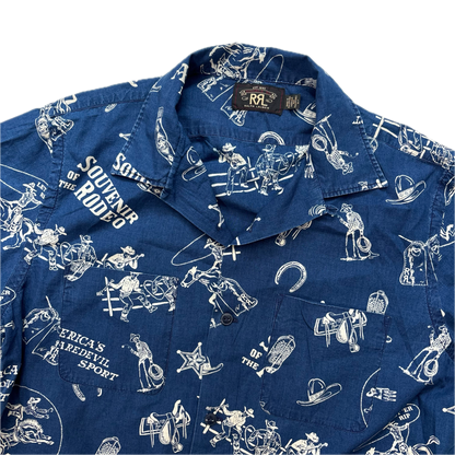 RRL Rodeo Graphic Print Cowboy Blue Souvenir Short Sleeve Shirt (Cotton) - L