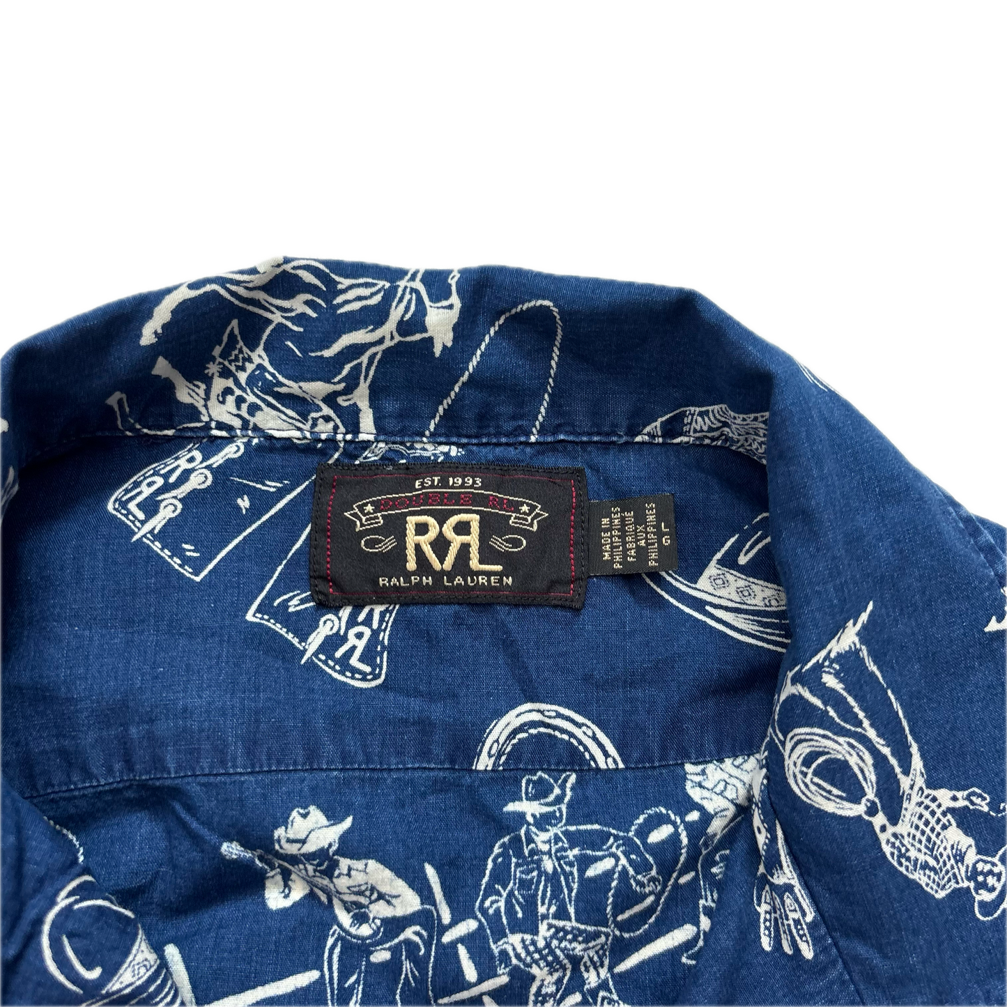 RRL Rodeo Graphic Print Cowboy Blue Souvenir Short Sleeve Shirt (Cotton) - L
