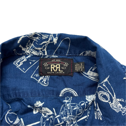 RRL Rodeo Graphic Print Cowboy Blue Souvenir Short Sleeve Shirt (Cotton) - L