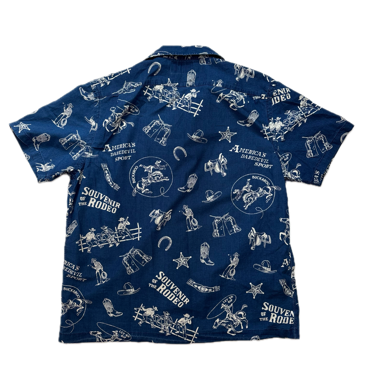RRL Rodeo Graphic Print Cowboy Blue Souvenir Short Sleeve Shirt (Cotton) - L