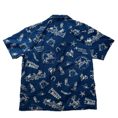 RRL Rodeo Graphic Print Cowboy Blue Souvenir Short Sleeve Shirt (Cotton) - L