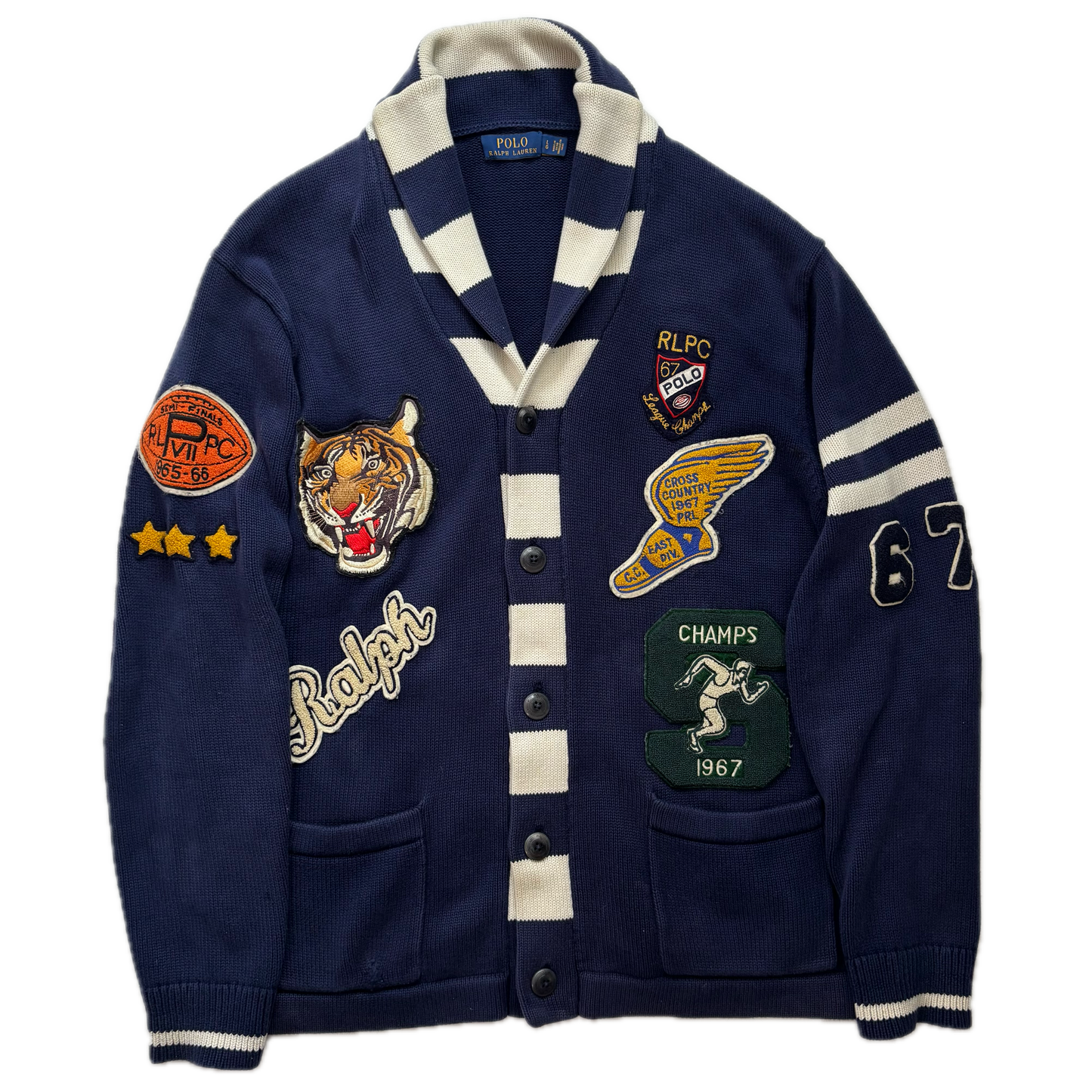 Polo Ralph Lauren Letterman Patch Cardigan Navy Striped - L