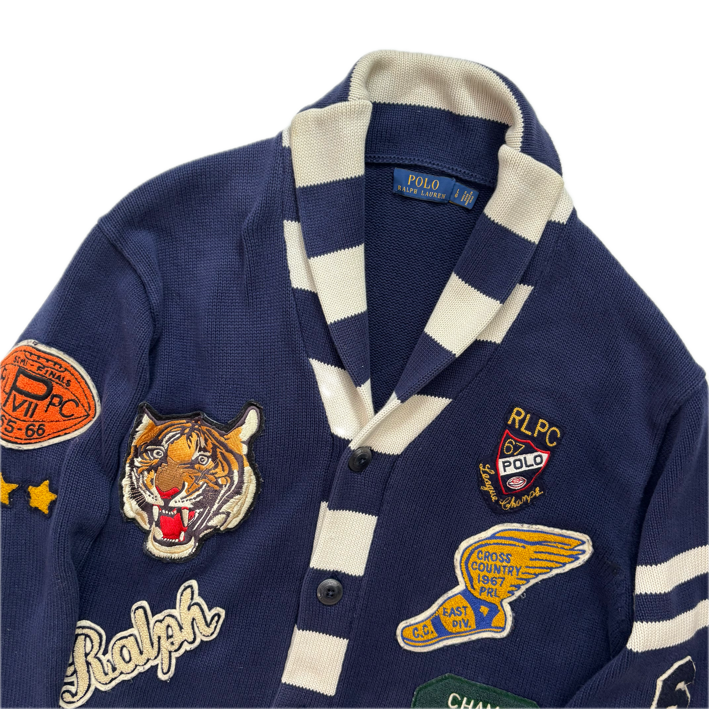 Polo Ralph Lauren Letterman Patch Cardigan Navy Striped - L