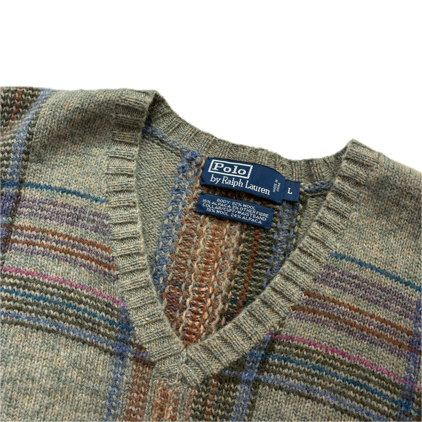 Polo Ralph Lauren Plaid Green Jumper V-Neck Sweater (Wool Alpaca) - L