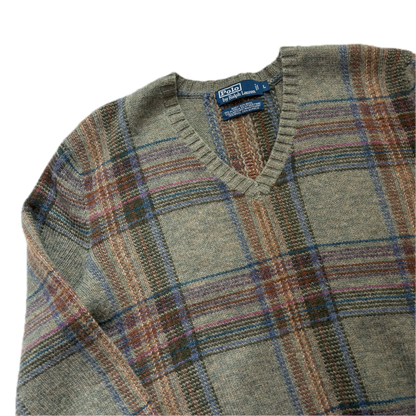 Polo Ralph Lauren Plaid Green Jumper V-Neck Sweater (Wool Alpaca) - L