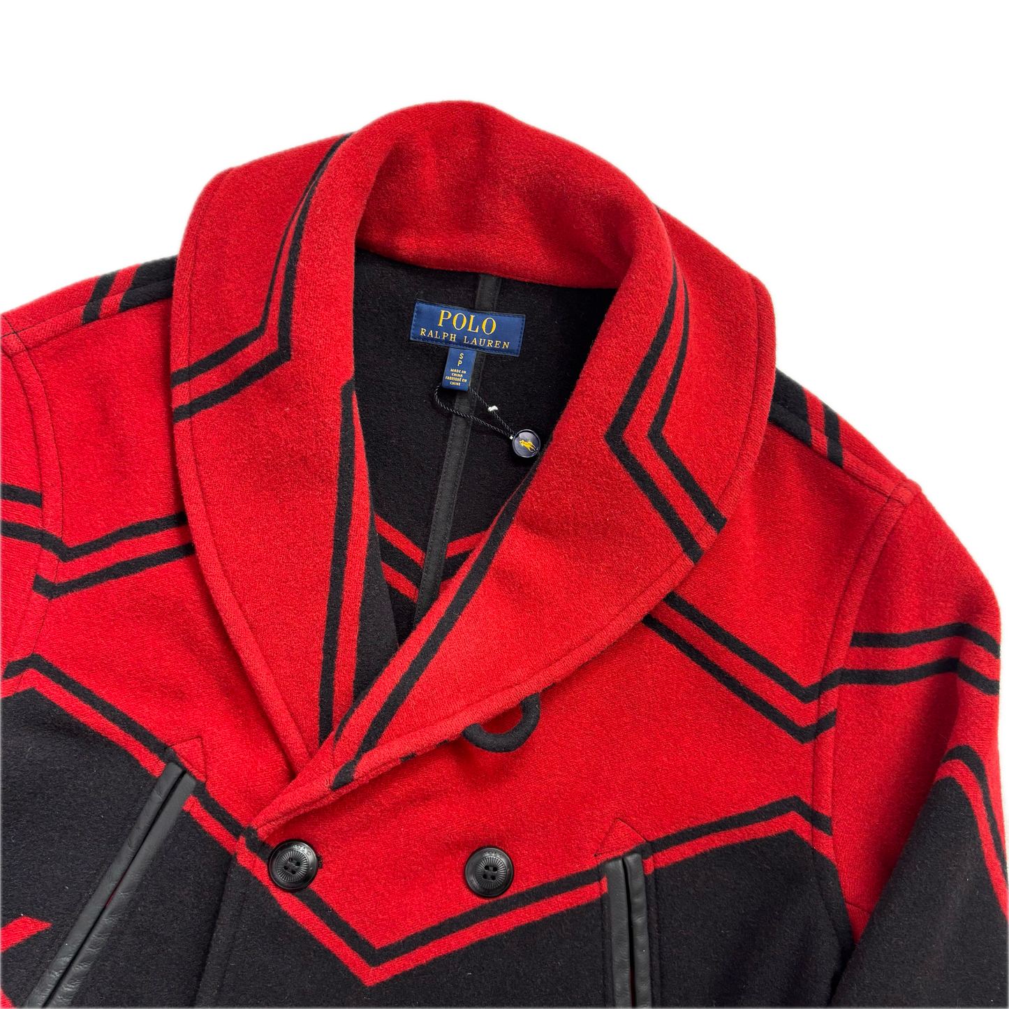 Polo Ralph Lauren Black Red Double Breasted Aztec Pea Coat (Wool Blend) - S