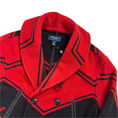 Polo Ralph Lauren Black Red Double Breasted Aztec Pea Coat (Wool Blend) - S