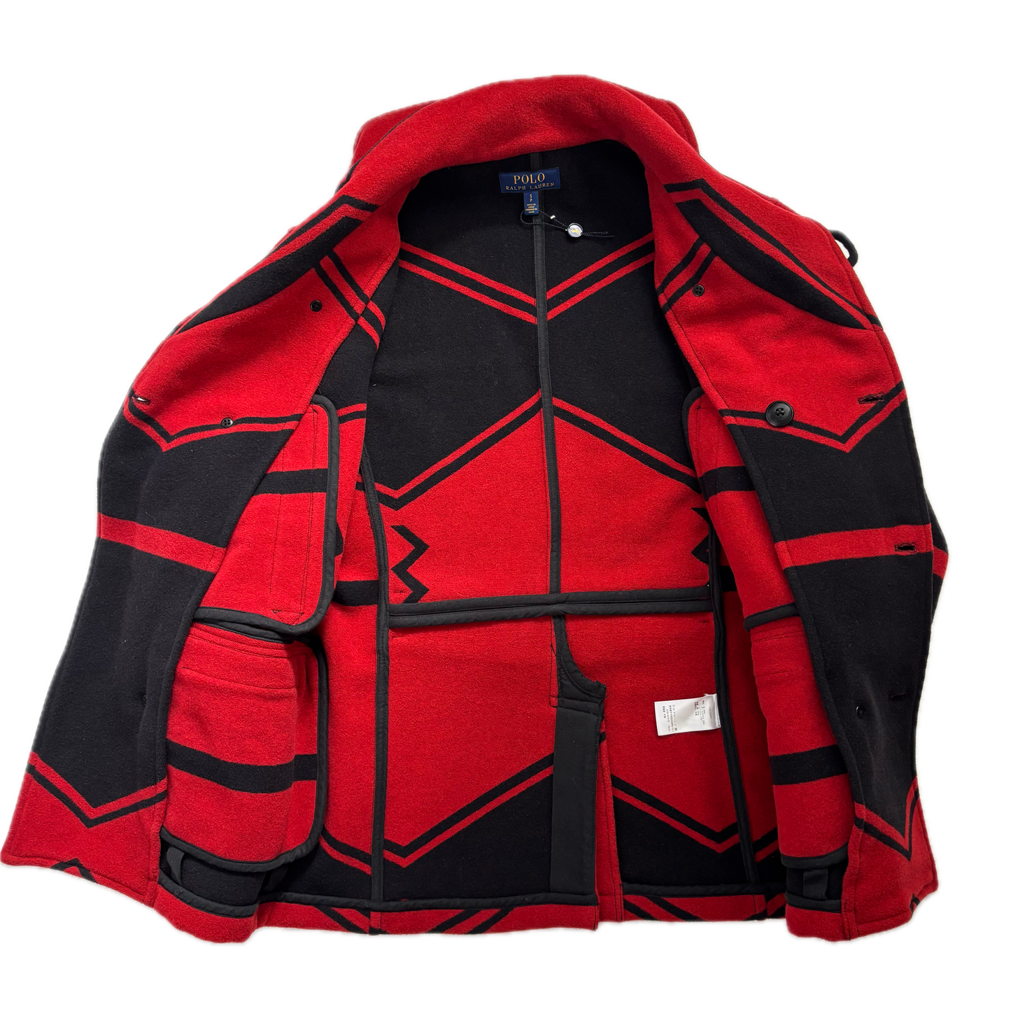 Polo Ralph Lauren Black Red Double Breasted Aztec Pea Coat (Wool Blend) - S