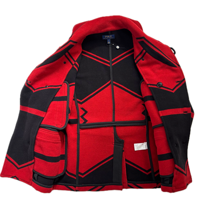 Polo Ralph Lauren Black Red Double Breasted Aztec Pea Coat (Wool Blend) - S