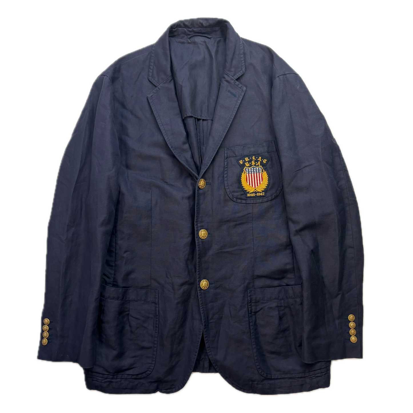Polo Ralph Lauren Navy USA Crest Half Norfolk Blazer Sports Jacket (Linen Cotton) - 44R
