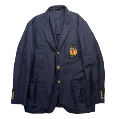 Polo Ralph Lauren Navy USA Crest Half Norfolk Blazer Sports Jacket (Linen Cotton) - 44R