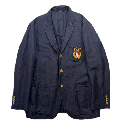 Polo Ralph Lauren Navy USA Crest Half Norfolk Blazer Sports Jacket (Linen Cotton) - 44R