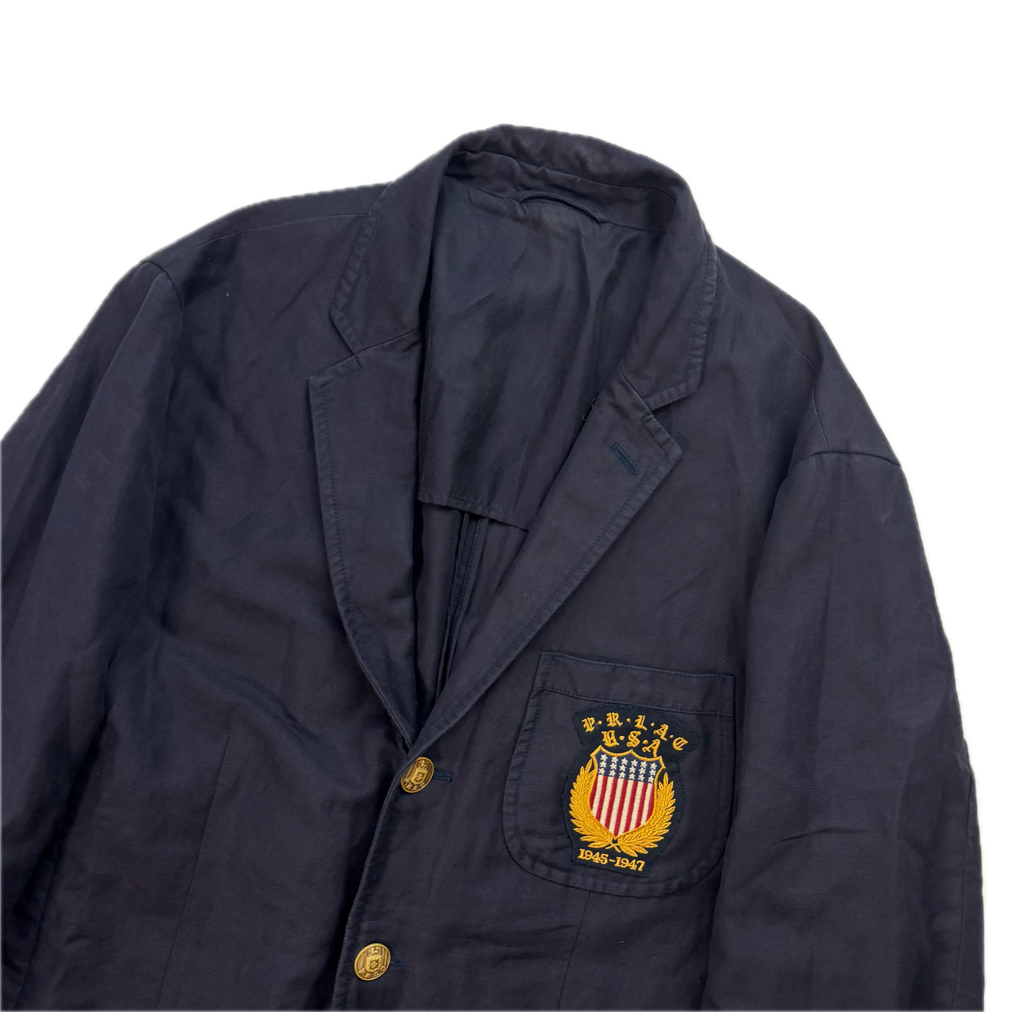 Polo Ralph Lauren Navy USA Crest Half Norfolk Blazer Sports Jacket (Linen Cotton) - 44R