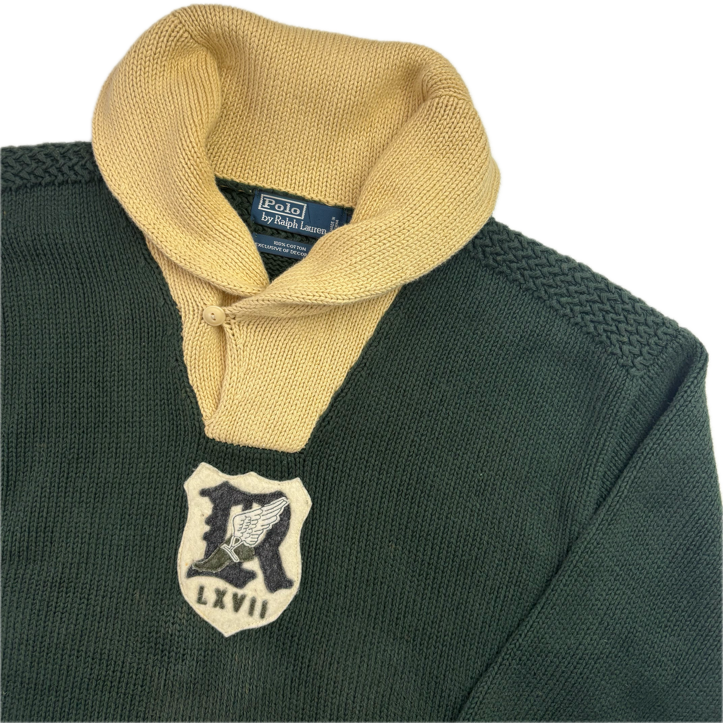 Crest Green Shawl Neck Jumper Sweater (Cotton) - XL
