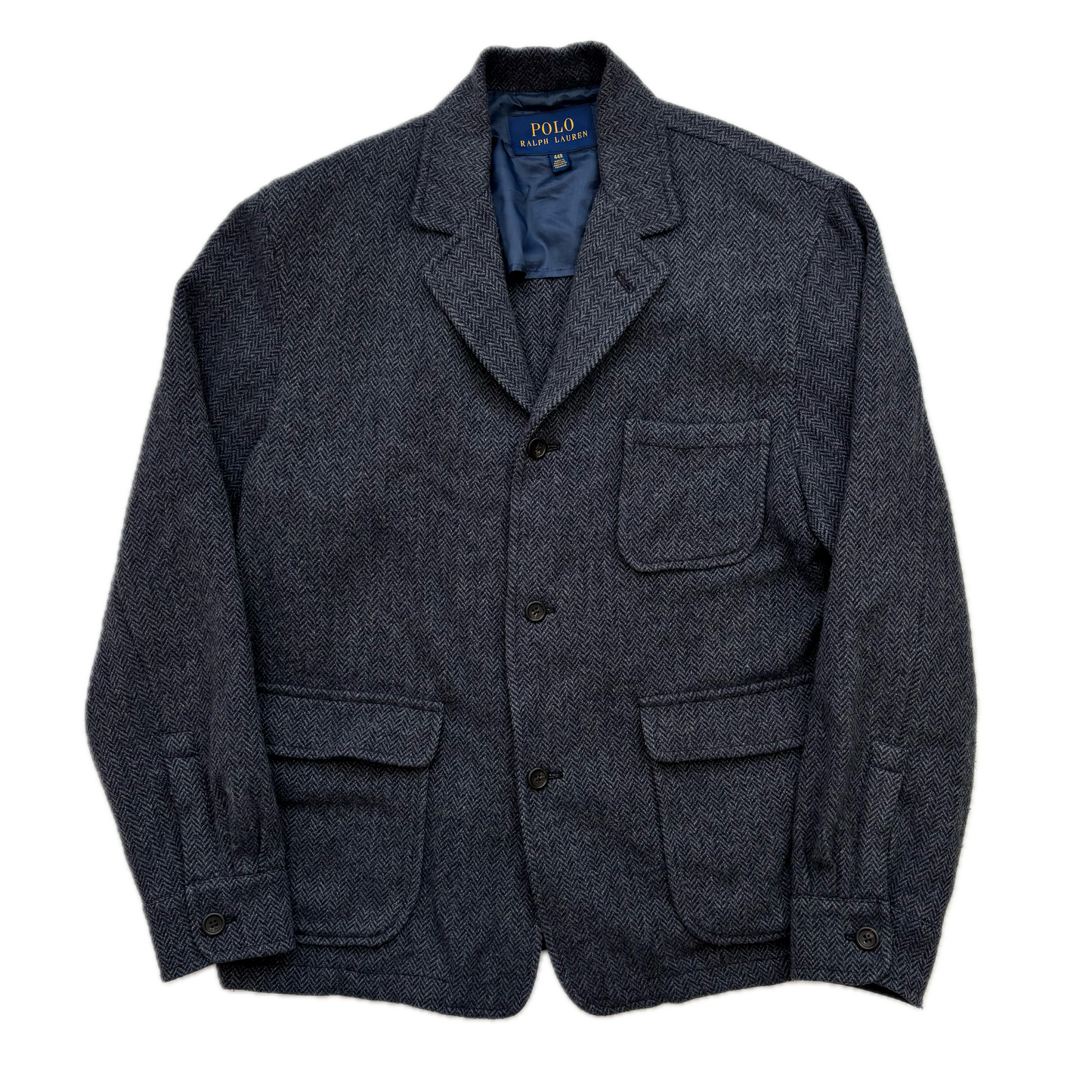 Polo Ralph Lauren Navy Blue Grey Herringbone Blazer Chore Coat (Wool Blend) - 44R