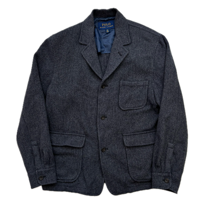 Polo Ralph Lauren Navy Blue Grey Herringbone Blazer Chore Coat (Wool Blend) - 44R