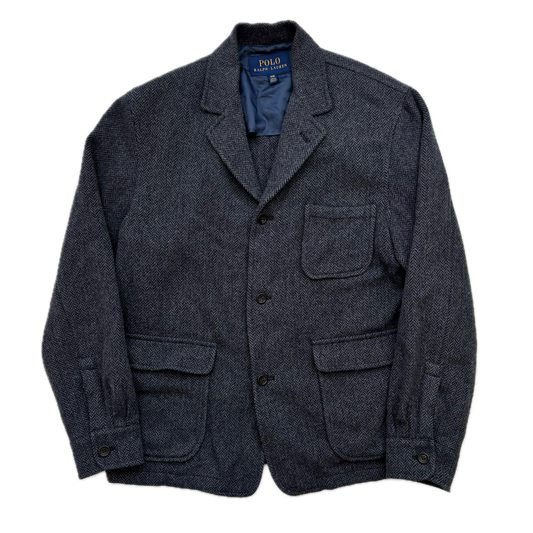 Polo Ralph Lauren Navy Blue Grey Herringbone Blazer Chore Coat (Wool Blend) - 44R
