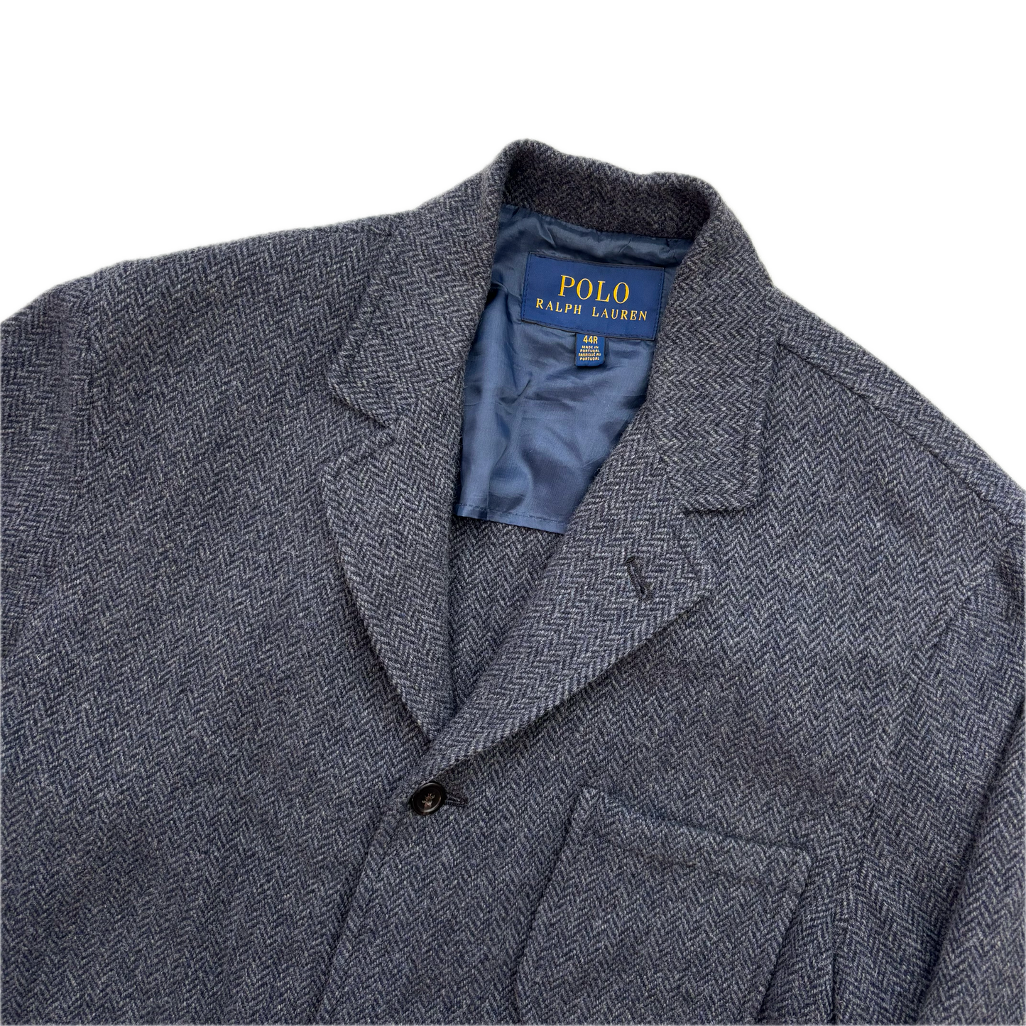 Polo Ralph Lauren Navy Blue Grey Herringbone Blazer Chore Coat (Wool Blend) - 44R