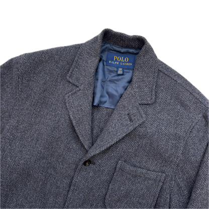 Polo Ralph Lauren Navy Blue Grey Herringbone Blazer Chore Coat (Wool Blend) - 44R