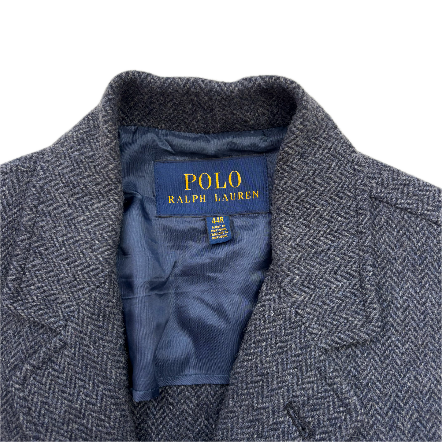 Polo Ralph Lauren Navy Blue Grey Herringbone Blazer Chore Coat (Wool Blend) - 44R