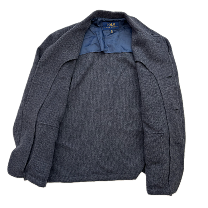 Polo Ralph Lauren Navy Blue Grey Herringbone Blazer Chore Coat (Wool Blend) - 44R