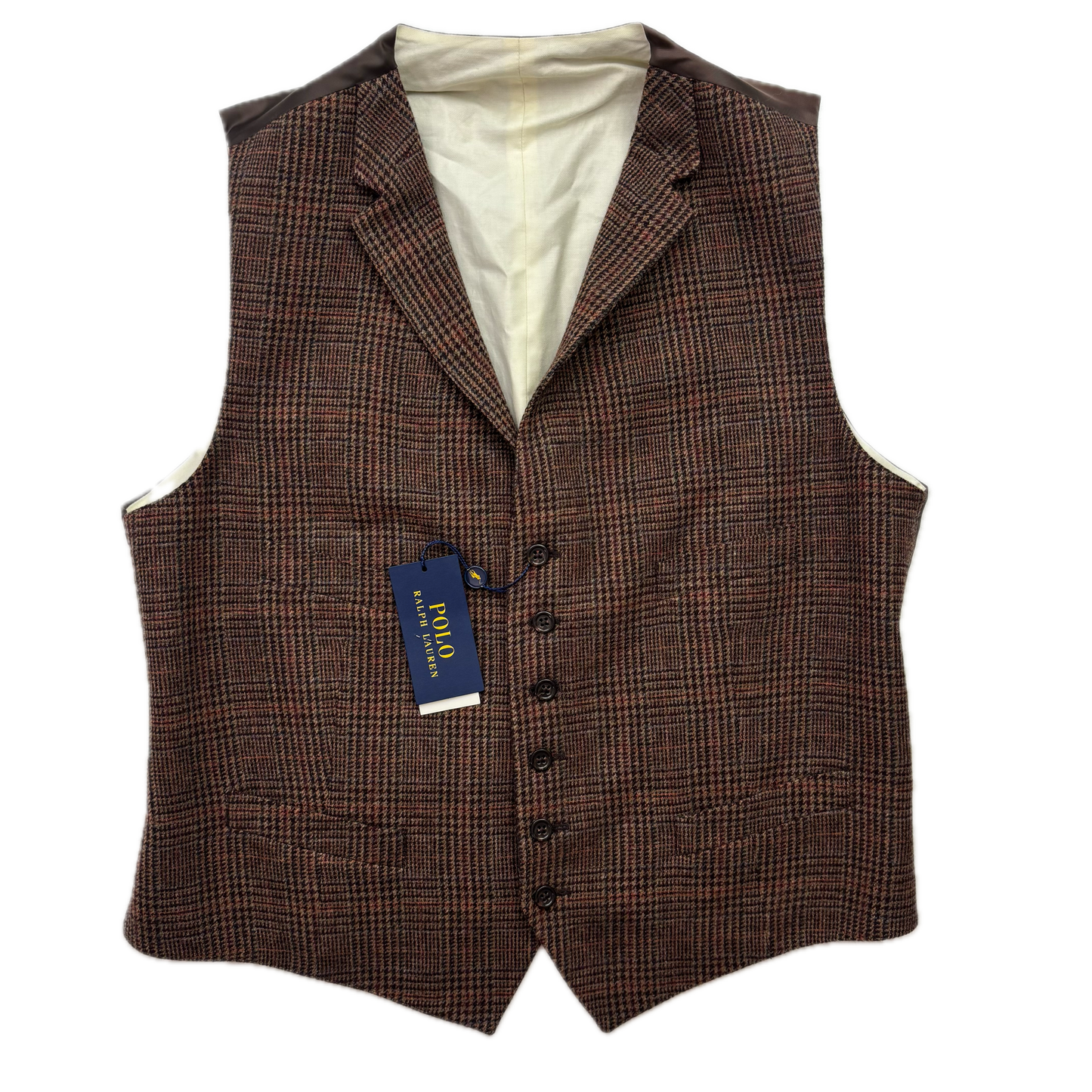 Polo Ralph Lauren Brown Glen Plaid Tweed Lapel Vest Waistcoat (Wool) - 46R