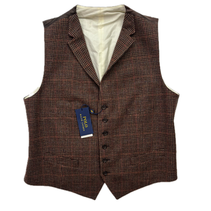 Polo Ralph Lauren Brown Glen Plaid Tweed Lapel Vest Waistcoat (Wool) - 46R