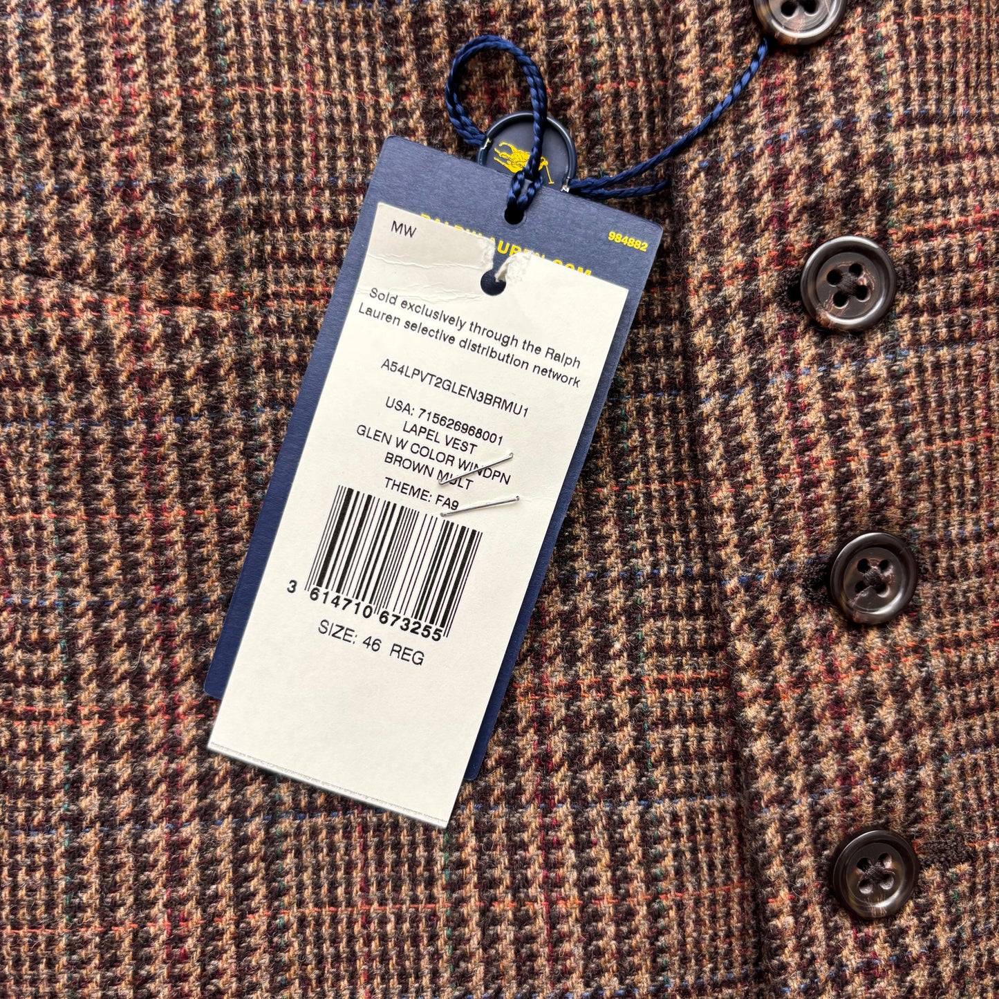 Polo Ralph Lauren Brown Glen Plaid Tweed Lapel Vest Waistcoat (Wool) - 46R