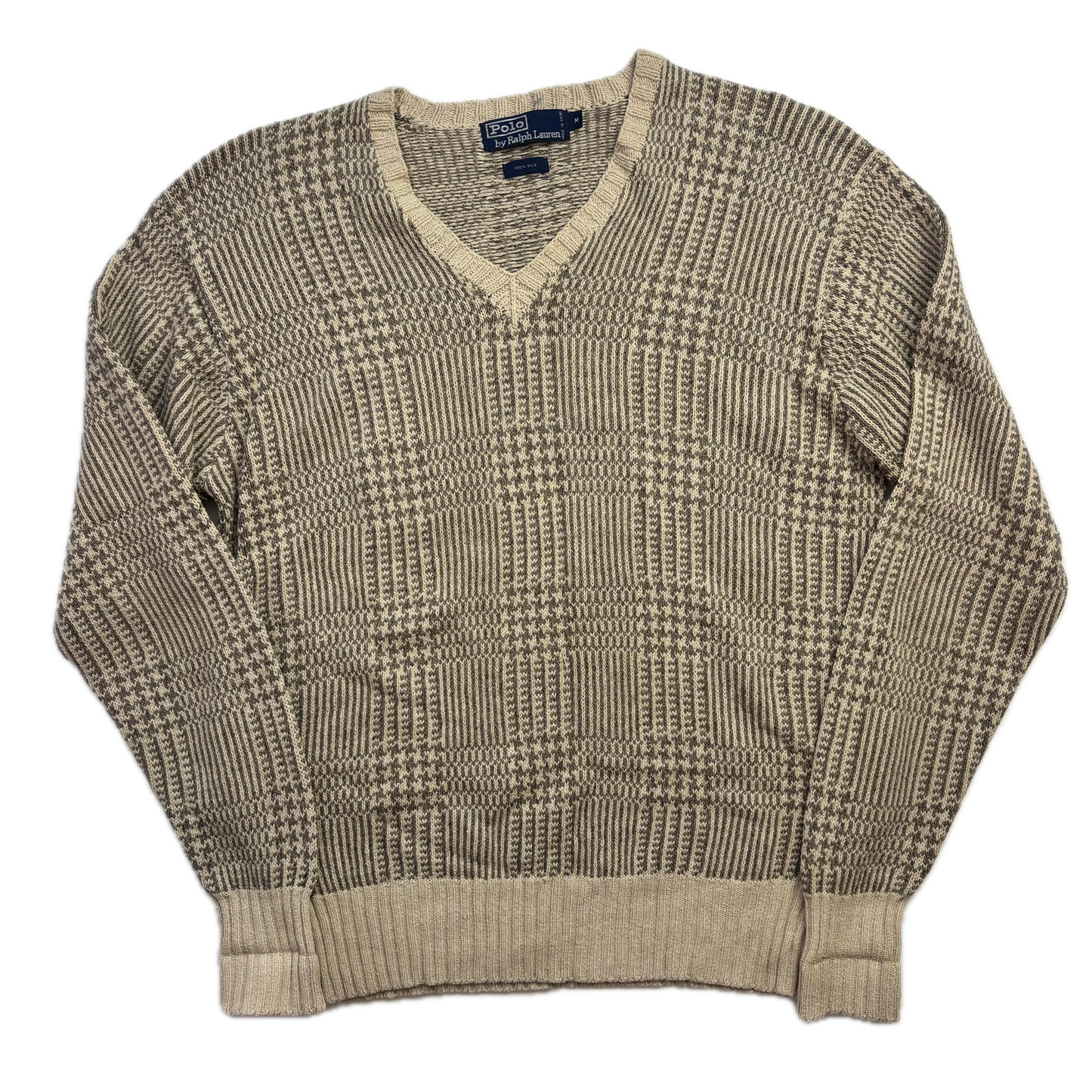 Polo Ralph Lauren Glen Plaid Beige Jumper V-Neck Sweater (Silk) - M