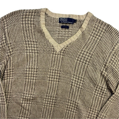 Polo Ralph Lauren Glen Plaid Beige Jumper V-Neck Sweater (Silk) - M