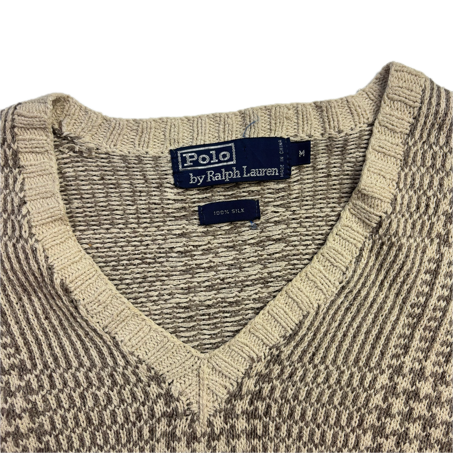 Polo Ralph Lauren Glen Plaid Beige Jumper V-Neck Sweater (Silk) - M