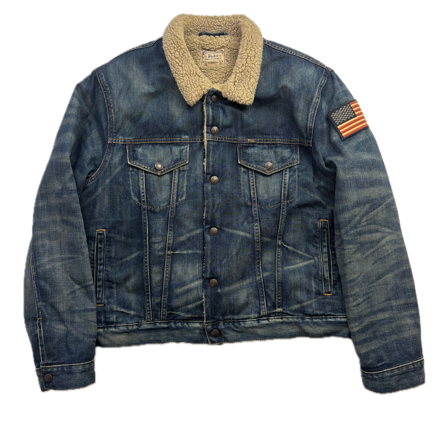Polo Ralph Lauren Sherpa Lined Denim Trucker Jacket USA Flag - XL