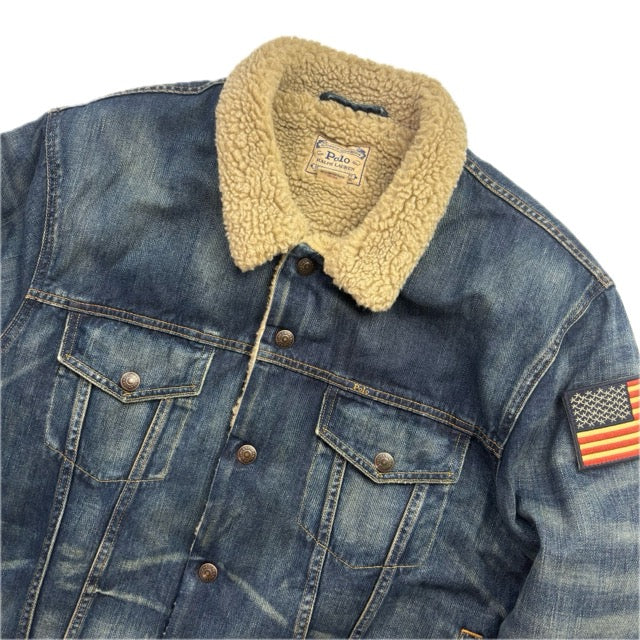 Polo Ralph Lauren Sherpa Lined Denim Trucker Jacket USA Flag - XL