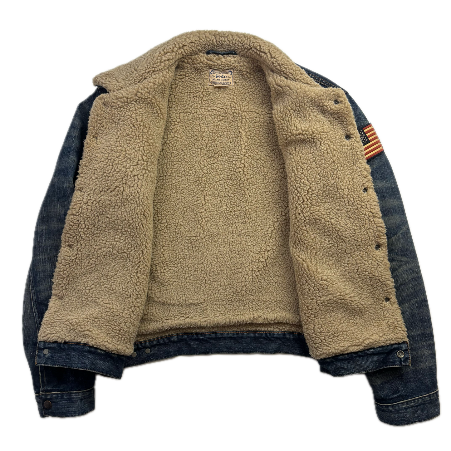 Polo Ralph Lauren Sherpa Lined Denim Trucker Jacket USA Flag - XL