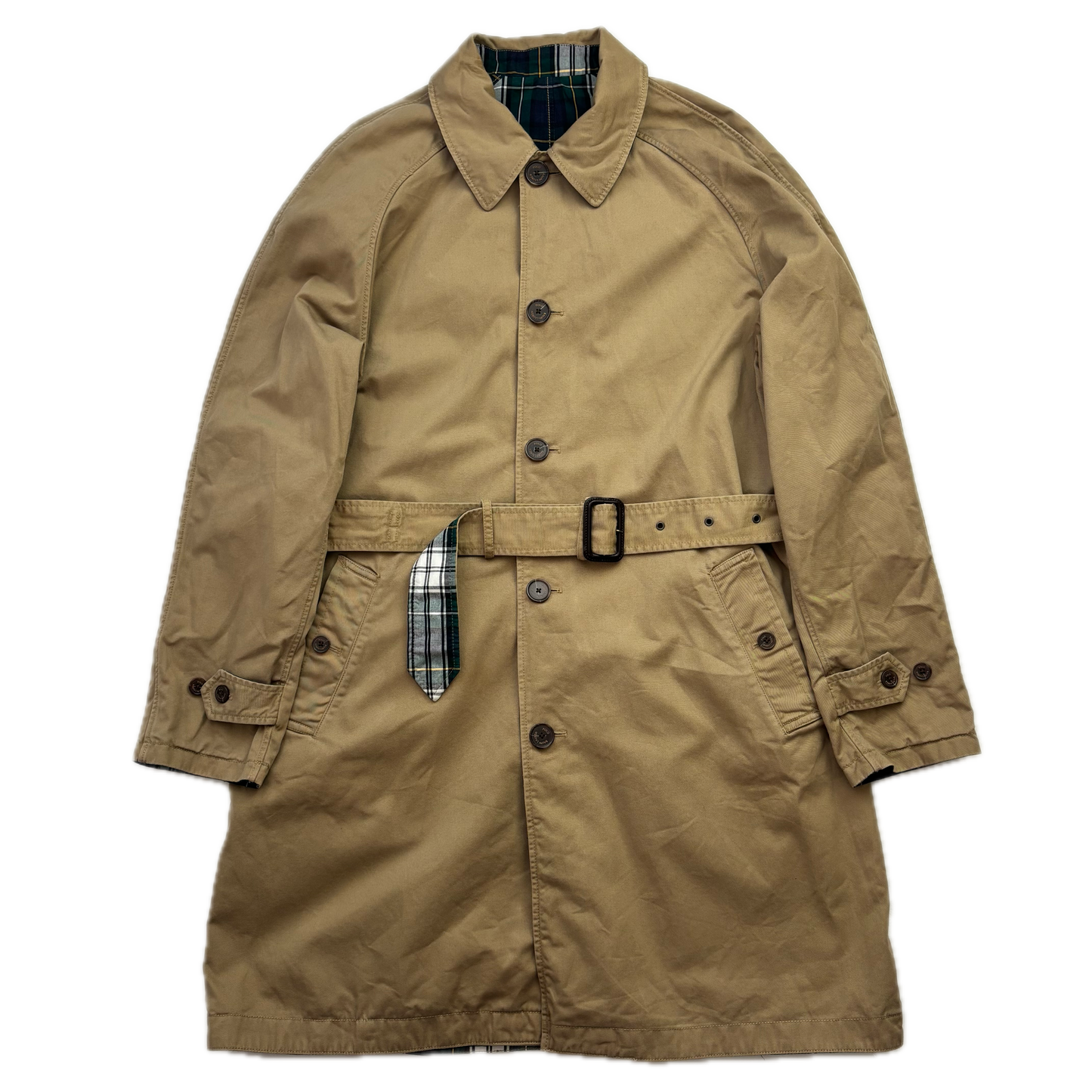 Polo Ralph Lauren Reversible Balmacaan Belted Trench Coat Beige Plaid -  L